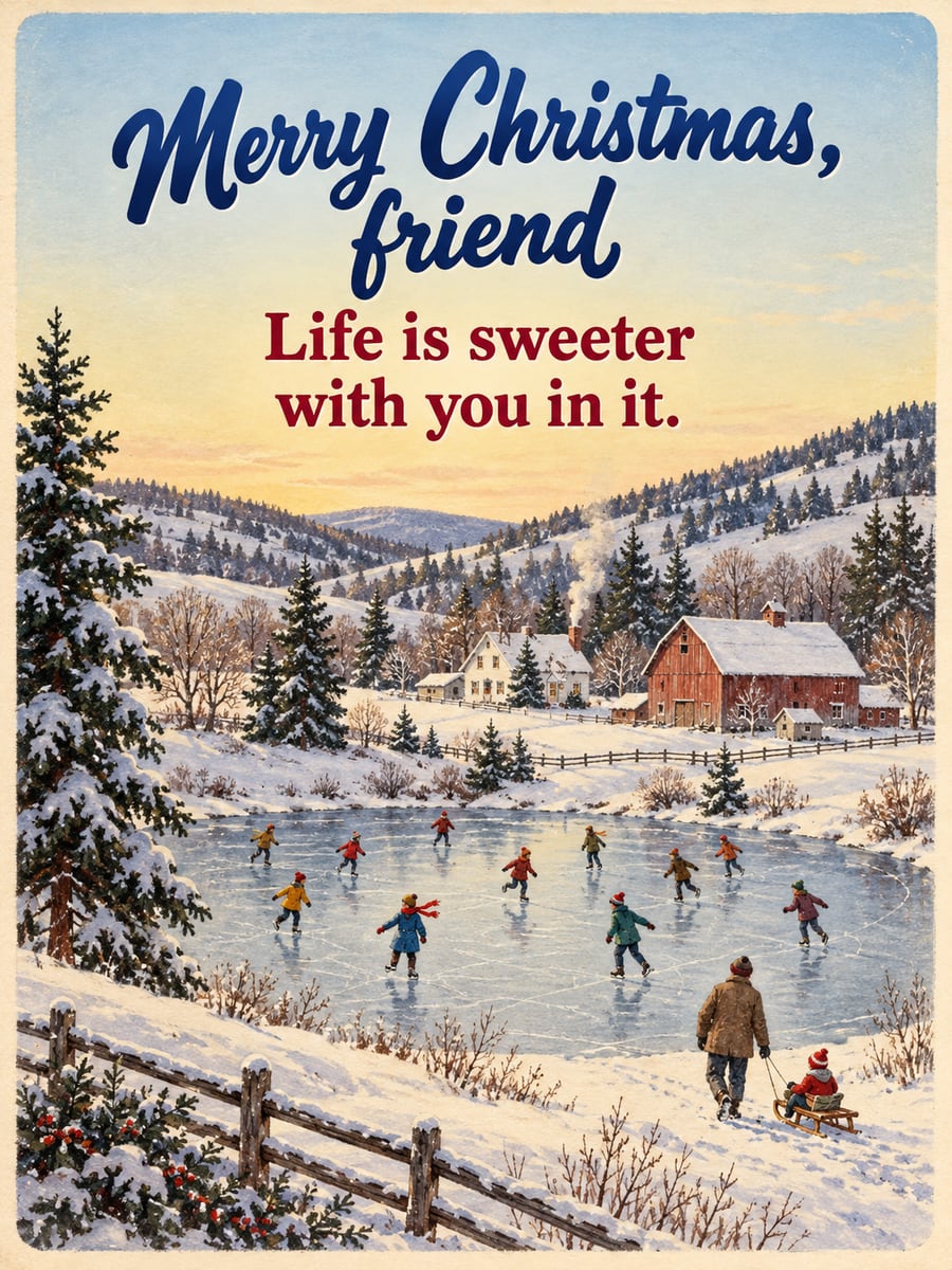 Christmas greeting image: snowy valley, skating, pond, farmhouse. It says “Merry Christmas, friend” and “Life is sweeter with you in it.”