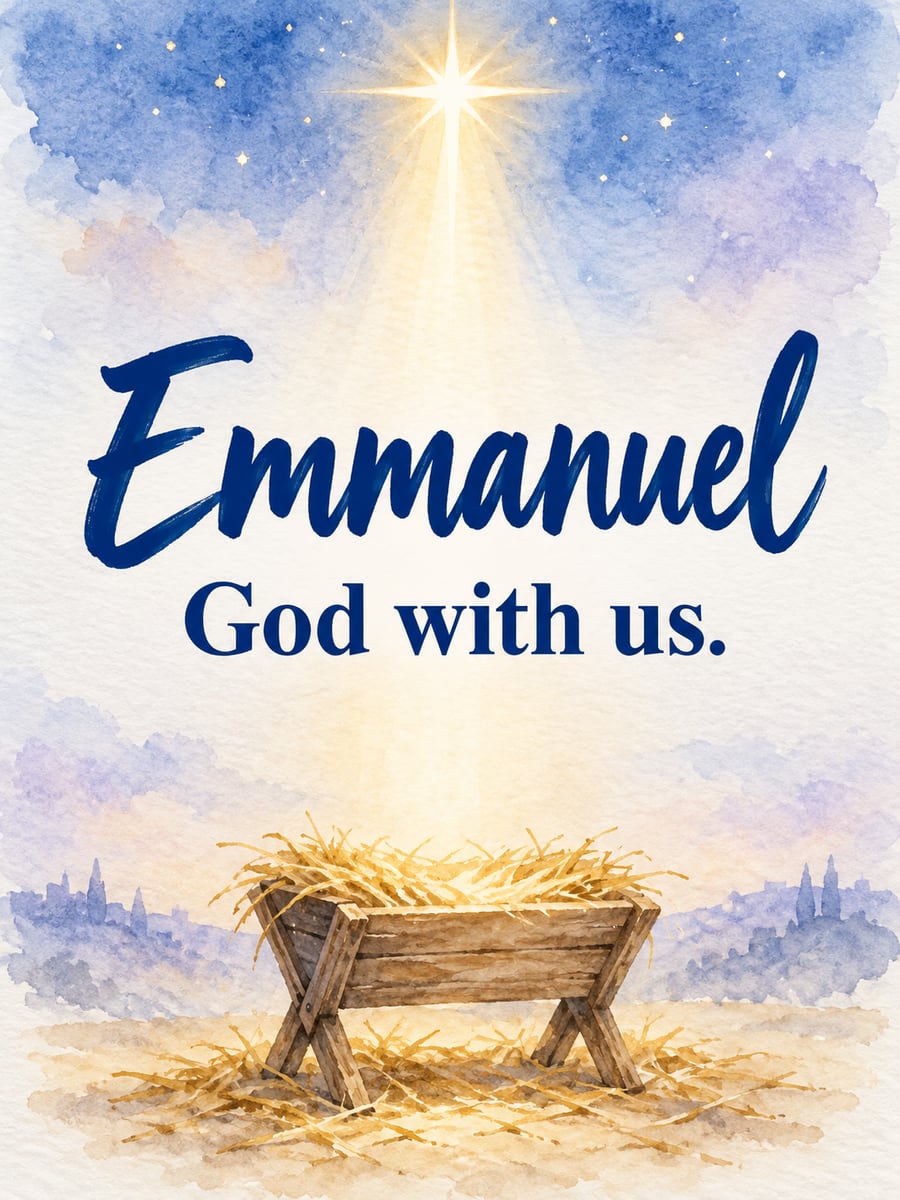 Christmas greeting image: manger, straw, starlight. It says “Emmanuel” and “God with us.”