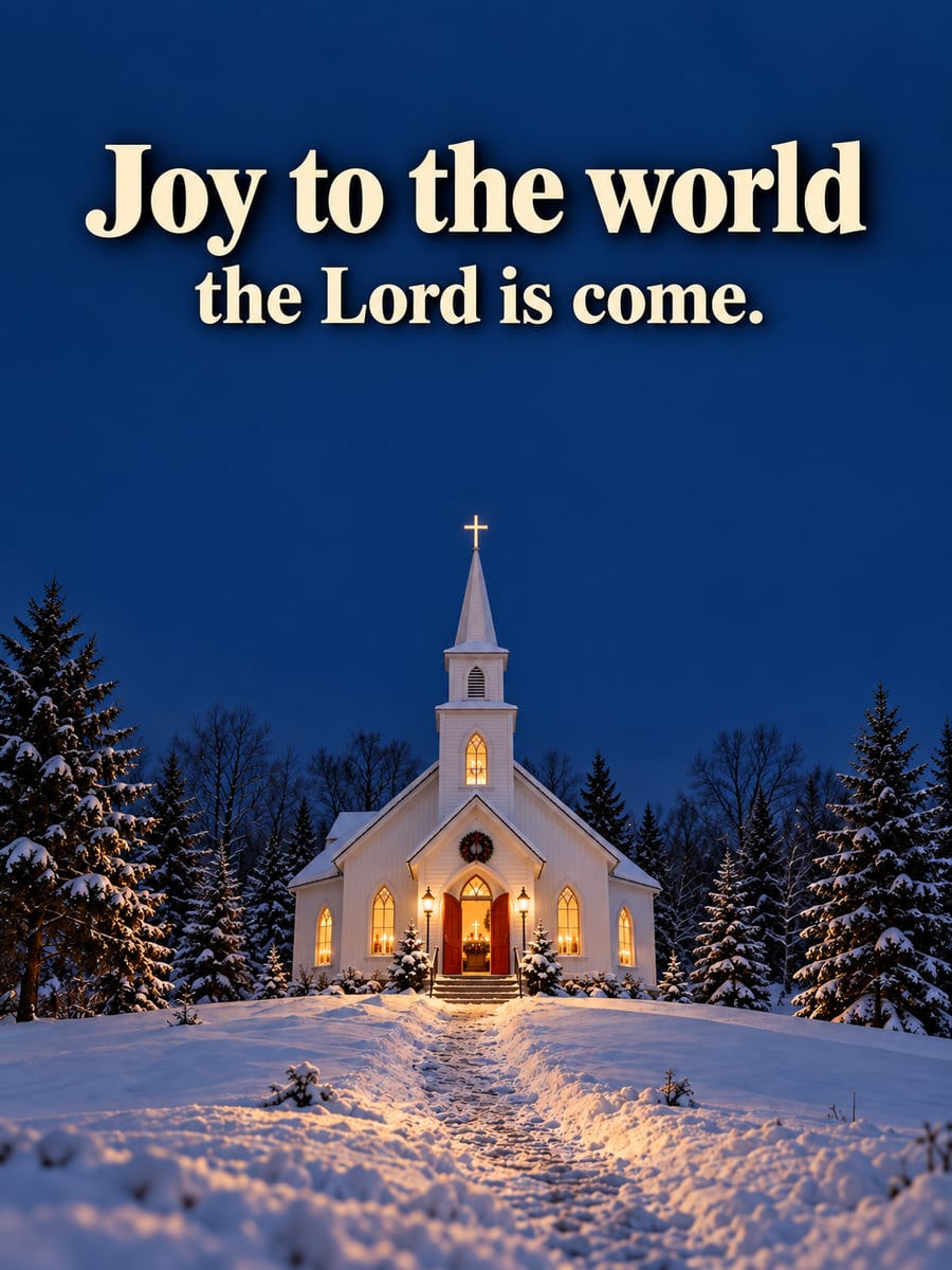 Christmas greeting image: church, candlelight, snow, steeple. It says “Joy to the world” and “the Lord is come.”