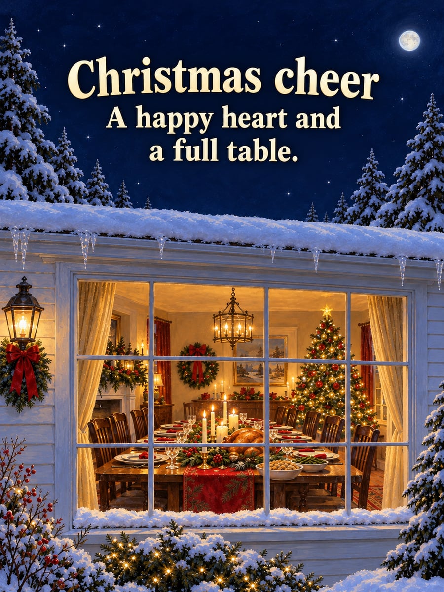 Christmas greeting image: window, dining table, Christmas tree, snow. It says “Christmas cheer” and “A happy heart and a full table.”