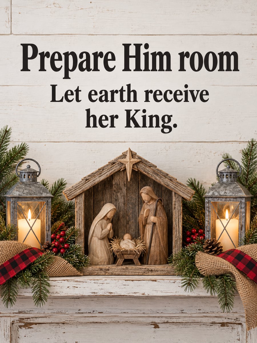 Christmas greeting image: nativity set, manger, lanterns, farmhouse. It says “Prepare Him room” and “Let earth receive her King.”