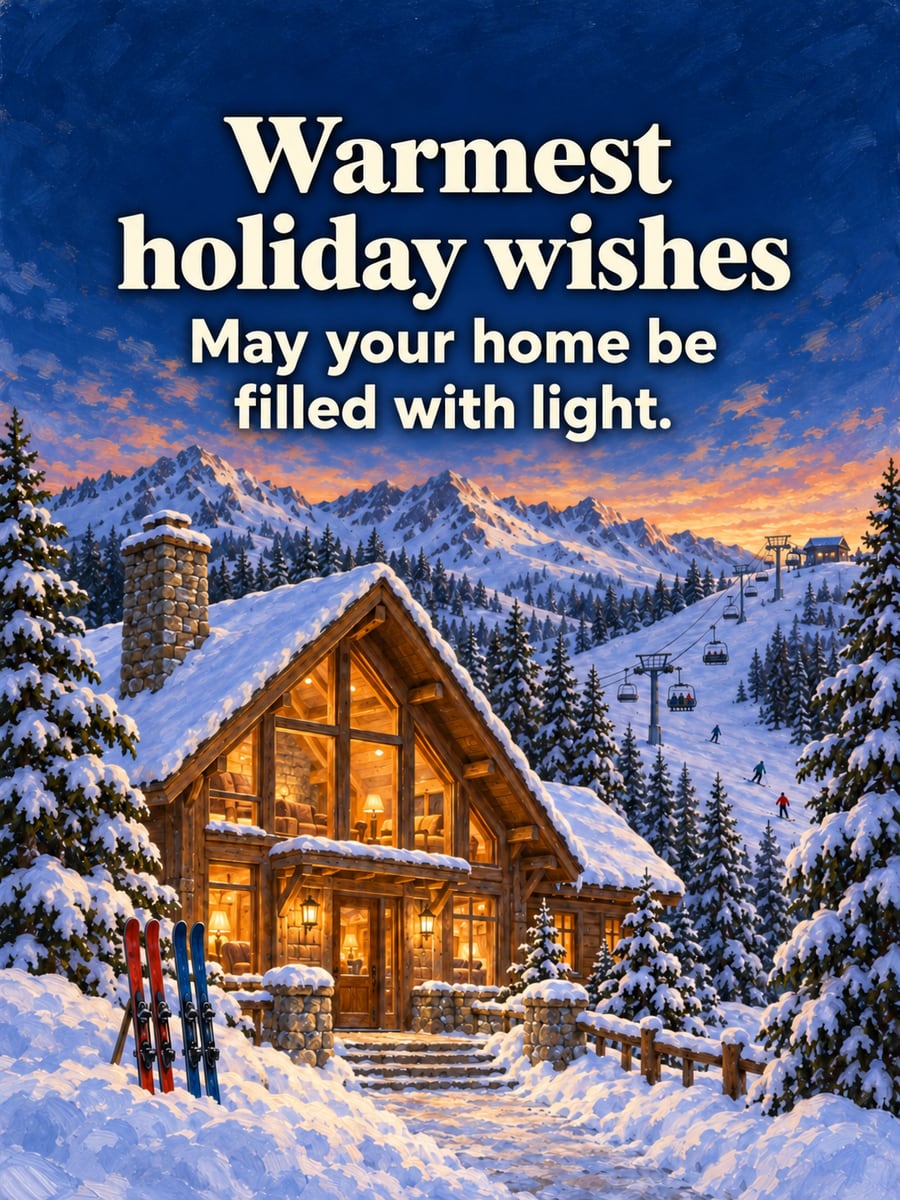 Holiday greeting image: ski lodge, chairlift, mountain, snow. It says “Warmest holiday wishes” and “May your home be filled with light.”