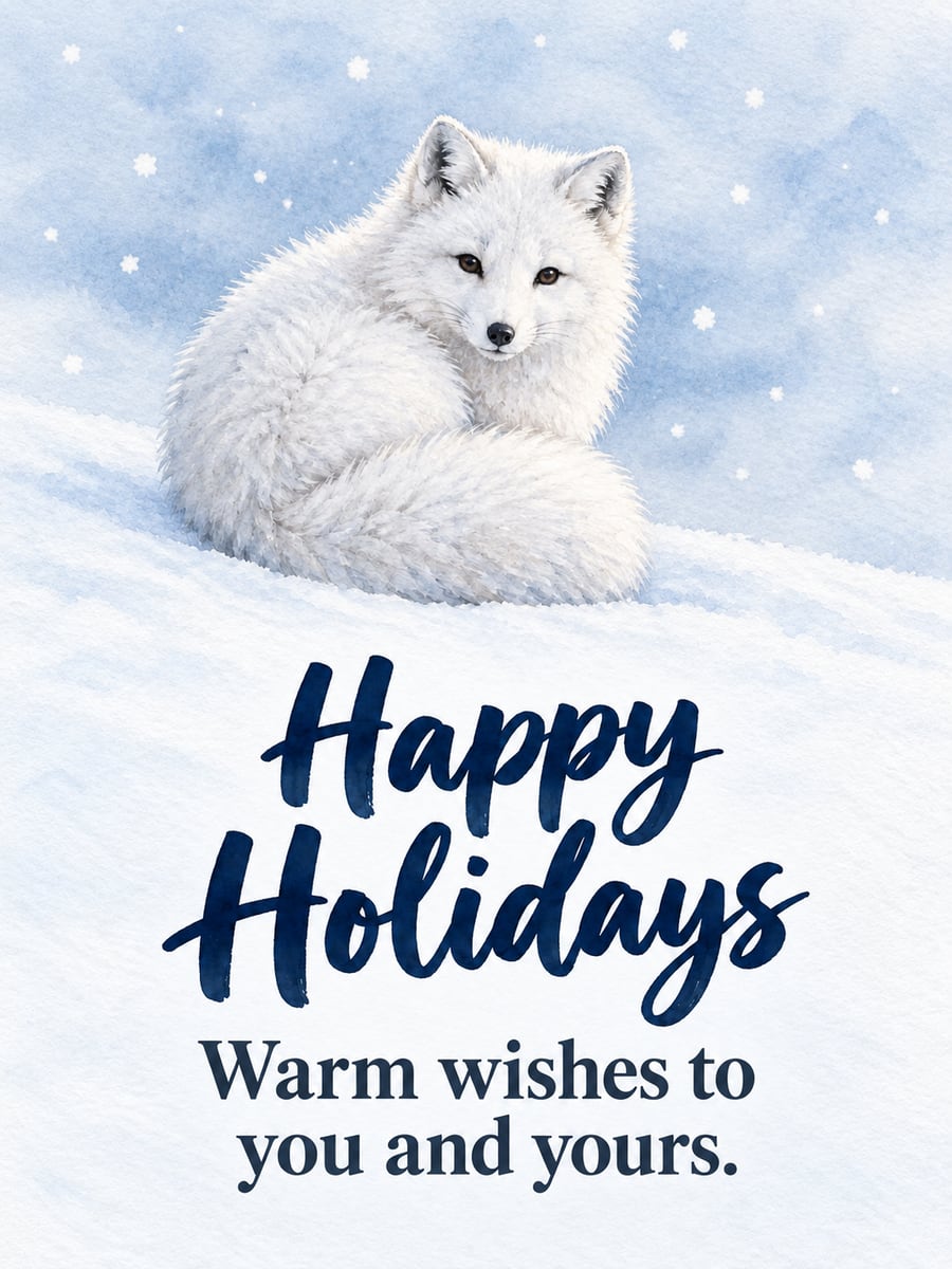 Holiday greeting image: arctic fox, snow. It says “Happy Holidays” and “Warm wishes to you and yours.”