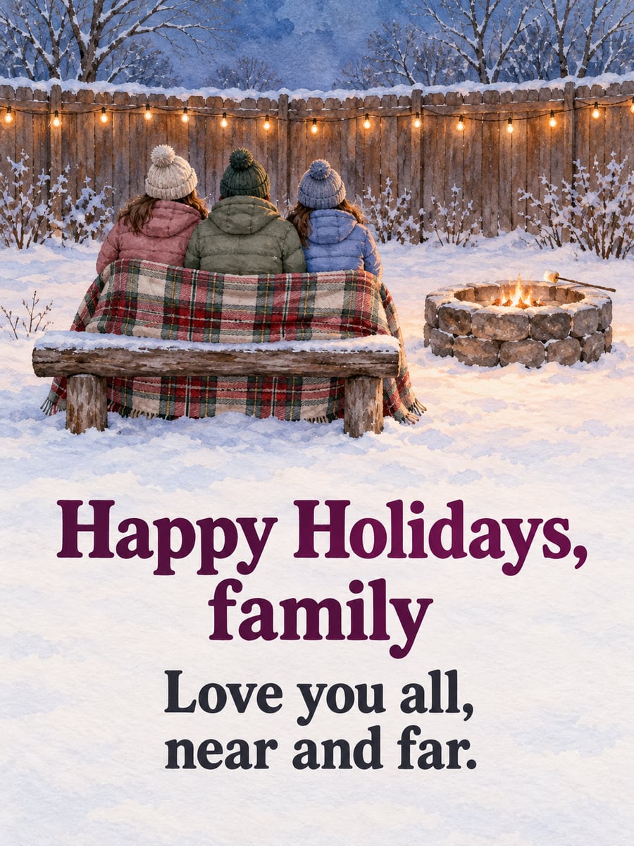Holiday greeting image: fire pit, family, blanket, marshmallow. It says “Happy Holidays, family” and “Love you all, near and far.”