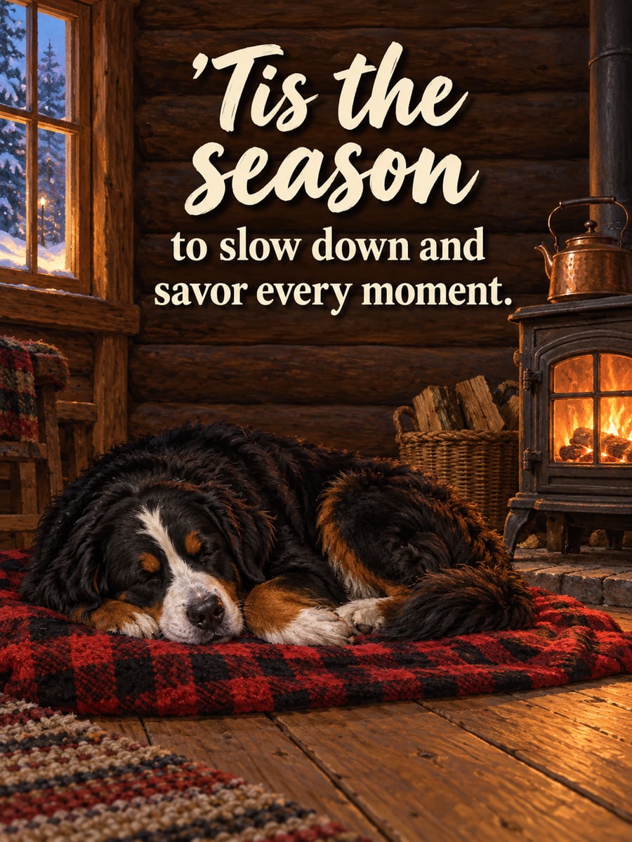Holiday greeting image: Bernese mountain dog, wood stove, plaid blanket. It says “’Tis the season” and “to slow down and savor every moment.”