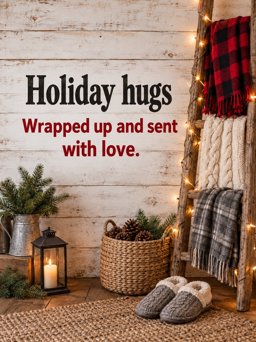Holiday greeting image: blanket ladder, buffalo check, fairy lights. It says “Holiday hugs” and “Wrapped up and sent with love.”