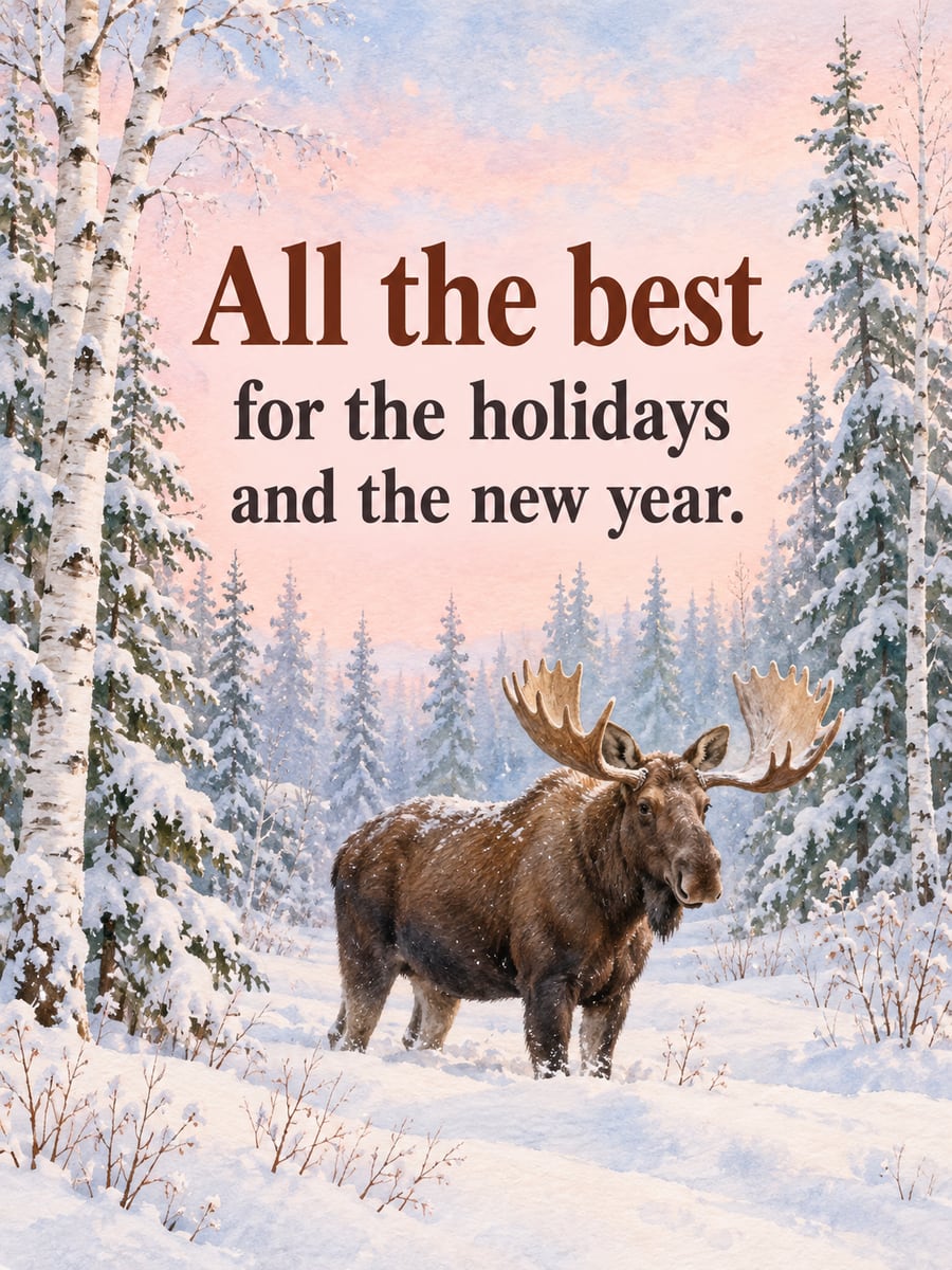 Holiday greeting image: moose, spruce, birch, snow. It says “All the best” and “for the holidays and the new year.”