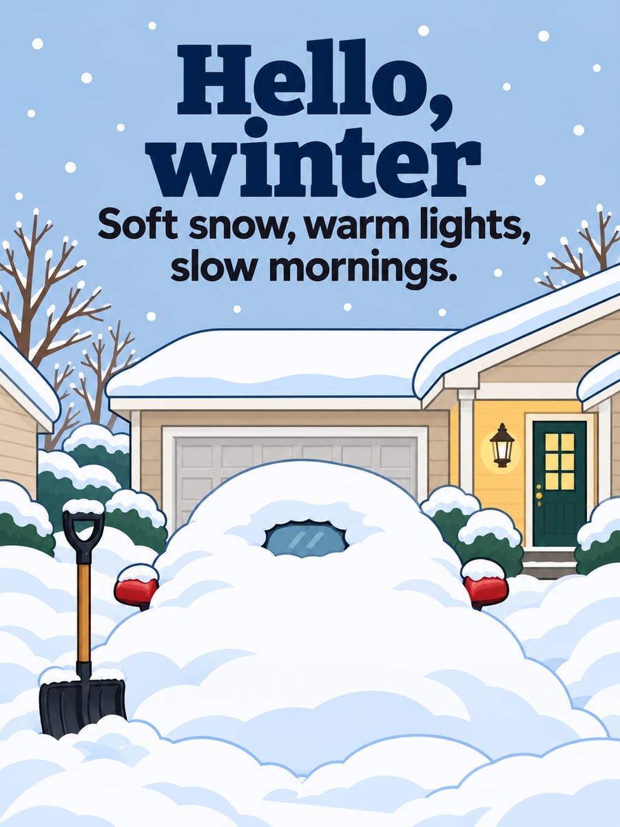 Holiday greeting image: car, snow, driveway, shovel. It says “Hello, winter” and “Soft snow, warm lights, slow mornings.”