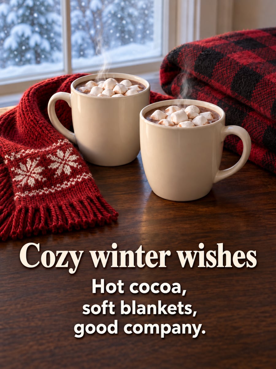 Holiday greeting image: hot cocoa, marshmallows, knitted scarf, blanket. It says “Cozy winter wishes” and “Hot cocoa, soft blankets, good company.”