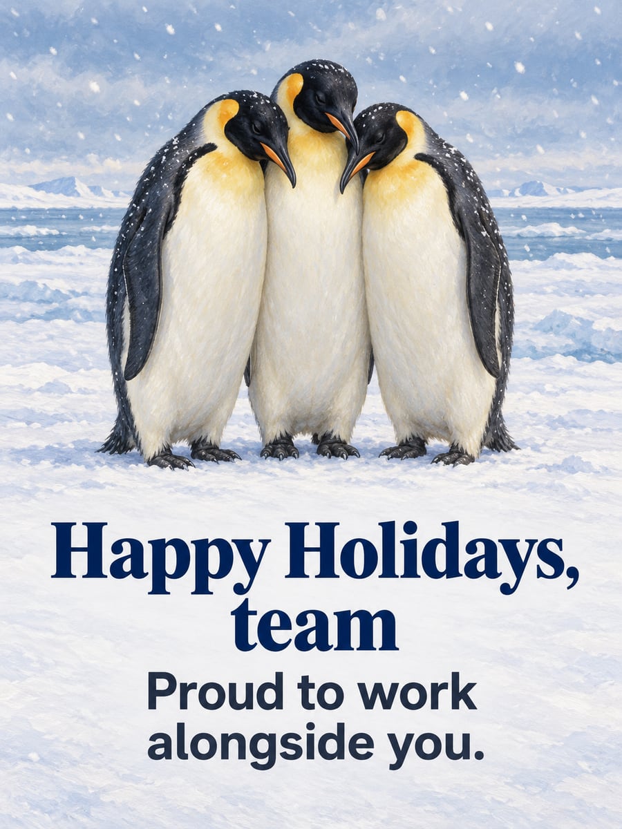 Holiday greeting image: emperor penguins, huddle, ice. It says “Happy Holidays, team” and “Proud to work alongside you.”