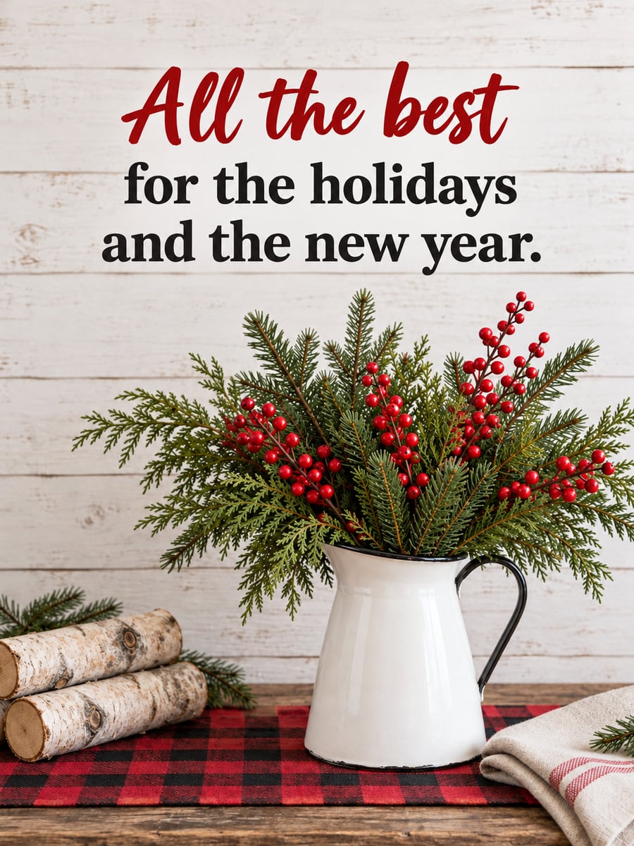 Holiday greeting image: enamel pitcher, evergreen, winterberries, buffalo check. It says “All the best” and “for the holidays and the new year.”