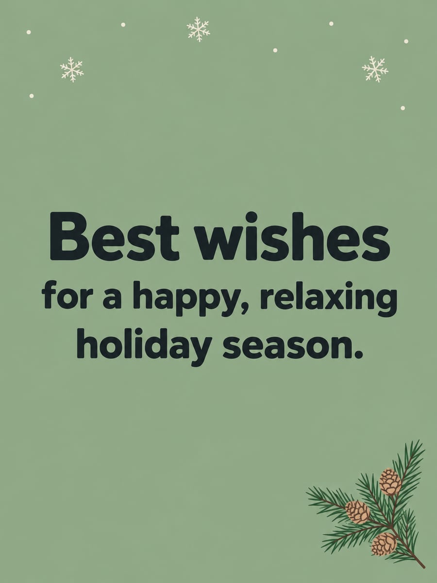 Holiday greeting image: evergreen sprig, pine cones. It says “Best wishes” and “for a happy, relaxing holiday season.”
