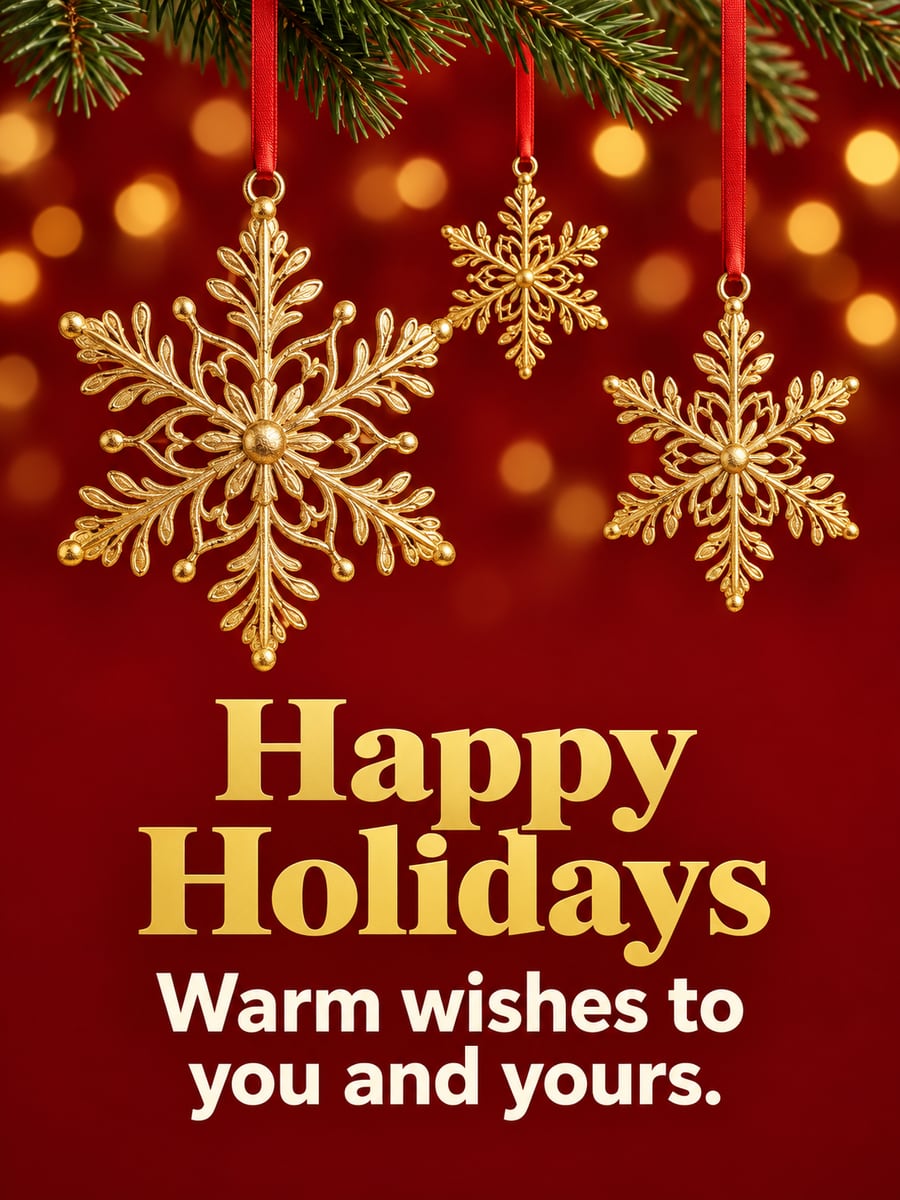 Holiday greeting image: gold snowflakes, red ribbon. It says “Happy Holidays” and “Warm wishes to you and yours.”
