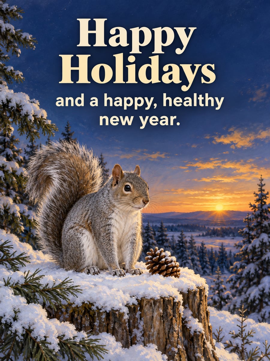 Holiday greeting image: gray squirrel, tree stump, pine, snow. It says “Happy Holidays” and “and a happy, healthy new year.”