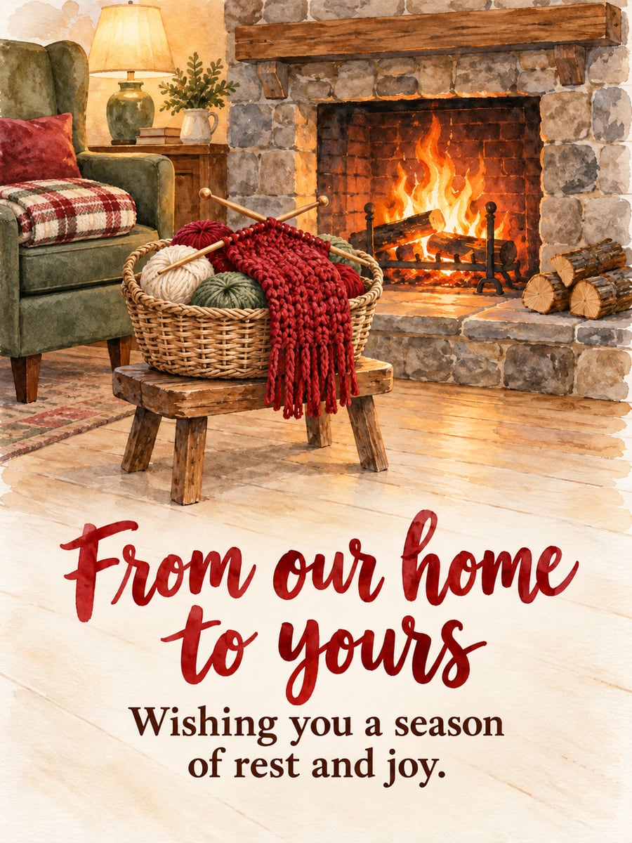 Holiday greeting image: knitting, yarn basket, fireplace, scarf. It says “From our home to yours” and “Wishing you a season of rest and joy.”