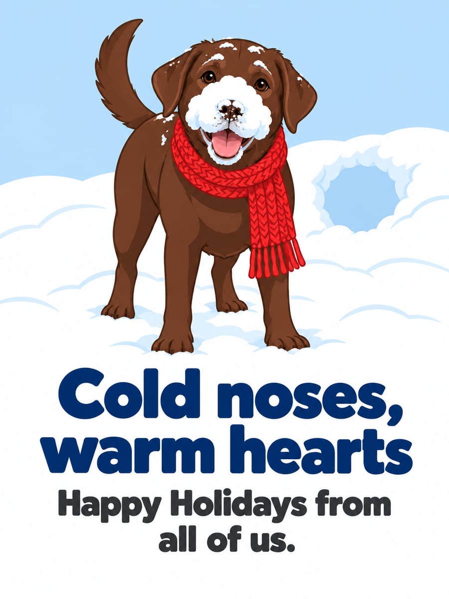 Holiday greeting image: Labrador, snow nose, scarf. It says “Cold noses, warm hearts” and “Happy Holidays from all of us.”