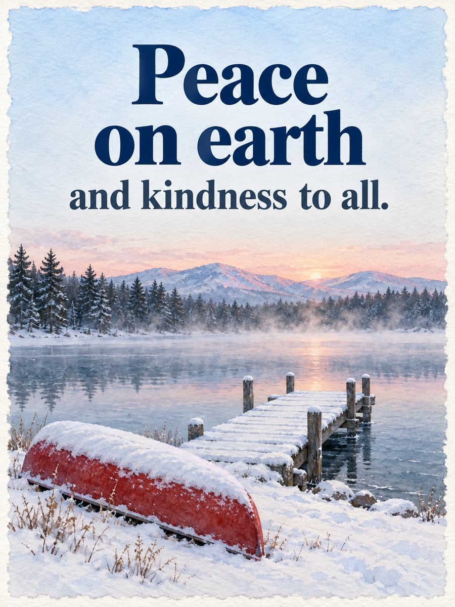 Holiday greeting image: lake, dock, canoe, snow. It says “Peace on earth” and “and kindness to all.”