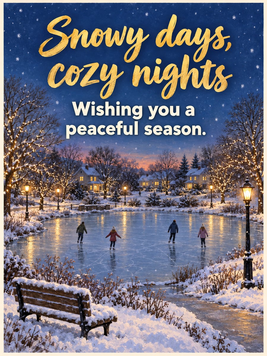 Holiday greeting image: skating pond, string lights, town park, snow. It says “Snowy days, cozy nights” and “Wishing you a peaceful season.”