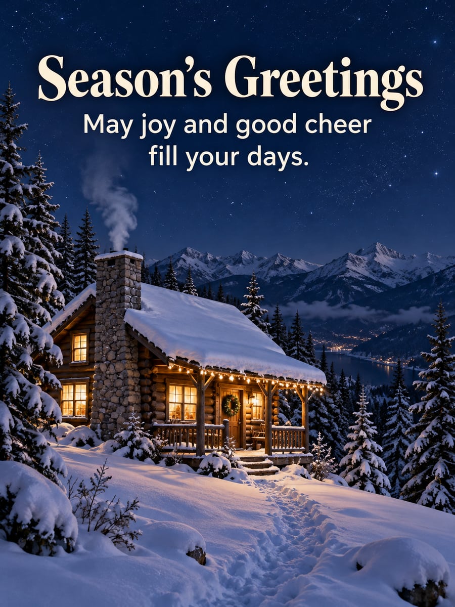 Holiday greeting image: log cabin, snow, string lights, starry sky, spruce. It says “Season’s Greetings” and “May joy and good cheer fill your days.”