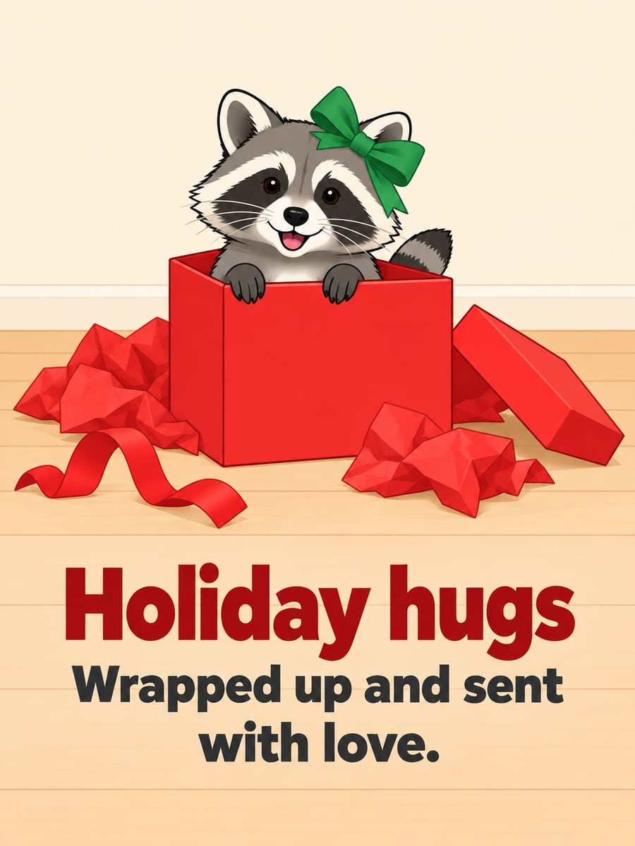 Holiday greeting image: raccoon, gift box, bow. It says “Holiday hugs” and “Wrapped up and sent with love.”