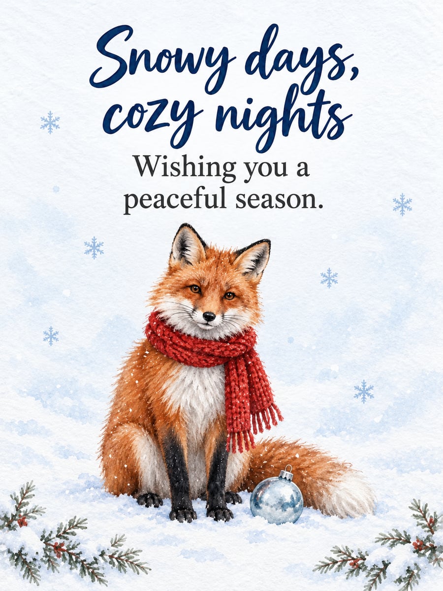 Holiday greeting image: red fox, scarf, bauble, snow. It says “Snowy days, cozy nights” and “Wishing you a peaceful season.”