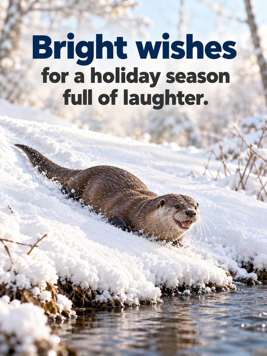 Holiday greeting image: river otter, snow slide, creek. It says “Bright wishes” and “for a holiday season full of laughter.”