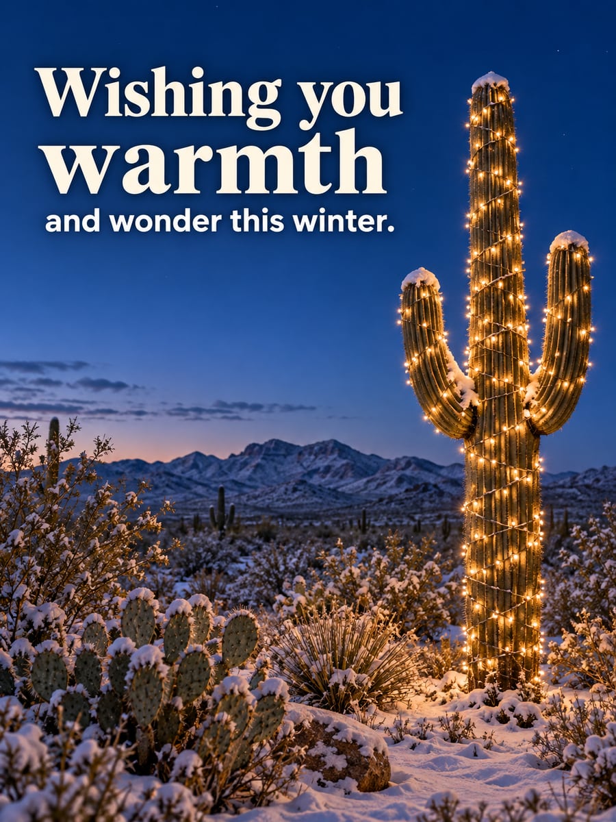 Holiday greeting image: saguaro, string lights, desert, dusk. It says “Wishing you warmth” and “and wonder this winter.”