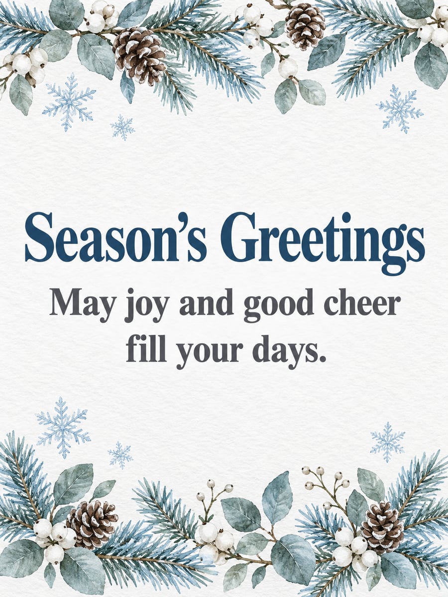 Holiday greeting image: spruce, winterberries, pine cones. It says “Season’s Greetings” and “May joy and good cheer fill your days.”