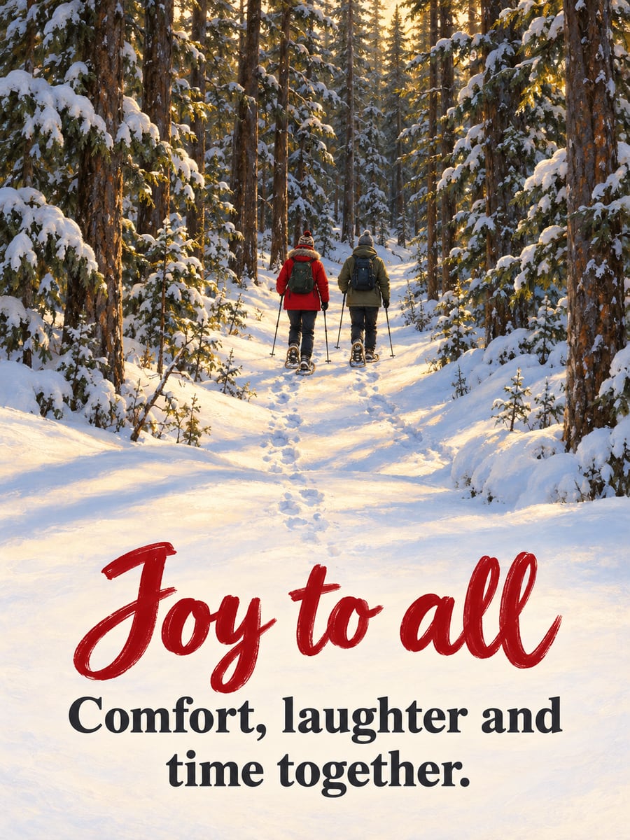 Holiday greeting image: snowshoeing, pine trail, people, snow. It says “Joy to all” and “Comfort, laughter and time together.”