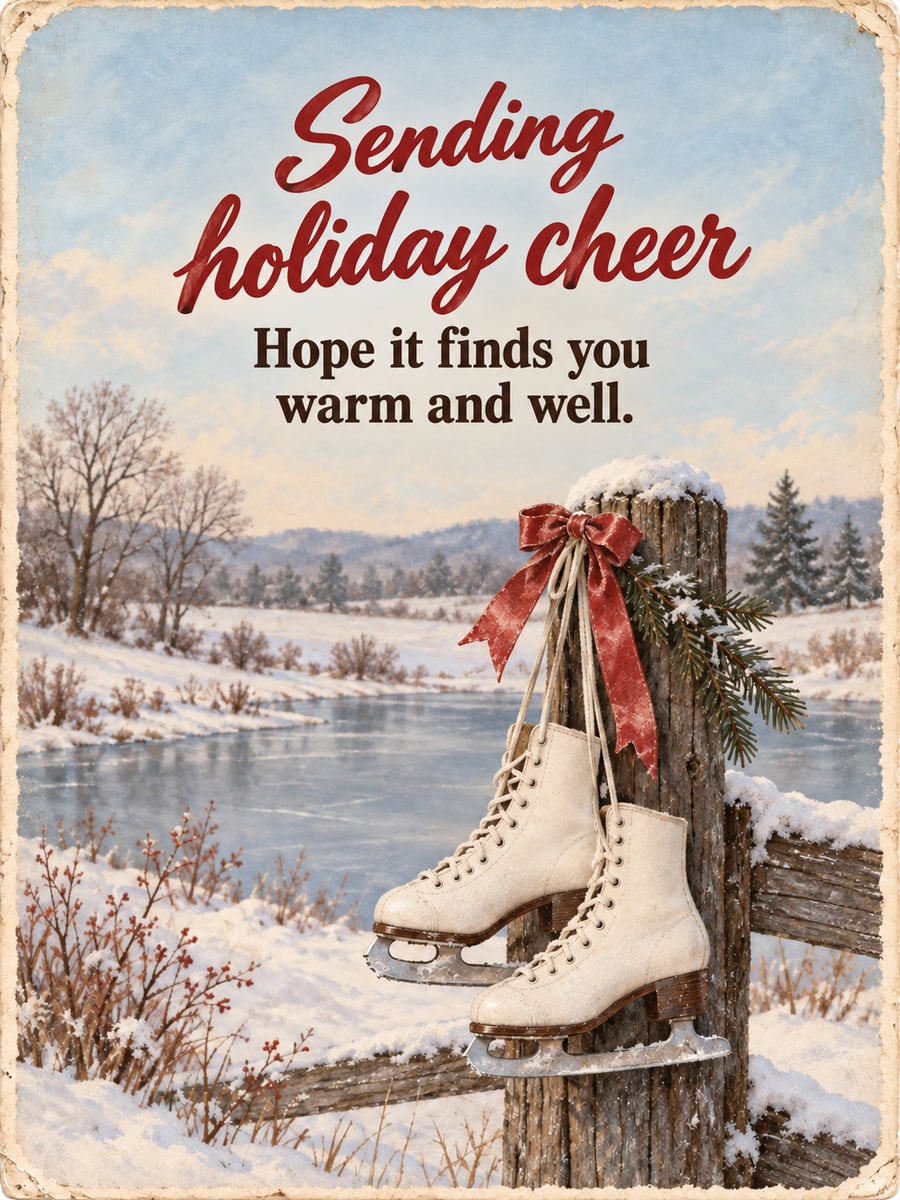 Holiday greeting image: ice skates, red ribbon, fence post, snow. It says “Sending holiday cheer” and “Hope it finds you warm and well.”