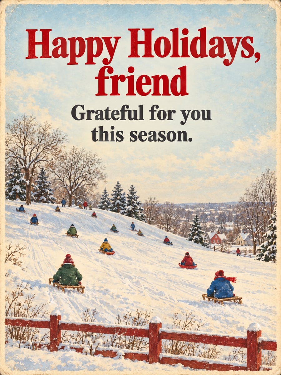 Holiday greeting image: sledding, snowy hill, park, people. It says “Happy Holidays, friend” and “Grateful for you this season.”
