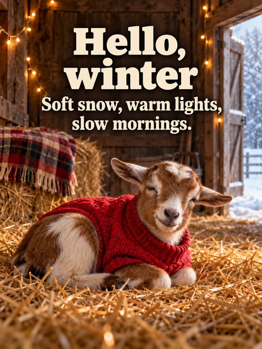 Holiday greeting image: goat, sweater, barn, fairy lights. It says “Hello, winter” and “Soft snow, warm lights, slow mornings.”