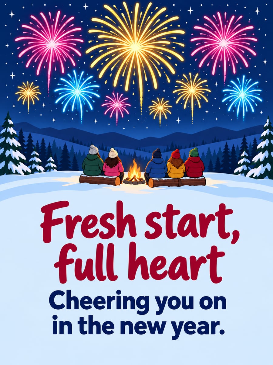 New Year greeting image: fireworks, campfire, friends, snow. It says “Fresh start, full heart” and “Cheering you on in the new year.”