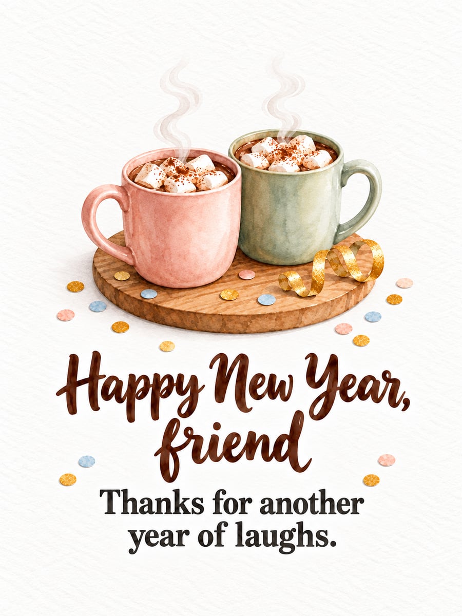 New Year greeting image: hot cocoa, marshmallows, confetti, two mugs. It says “Happy New Year, friend” and “Thanks for another year of laughs.”