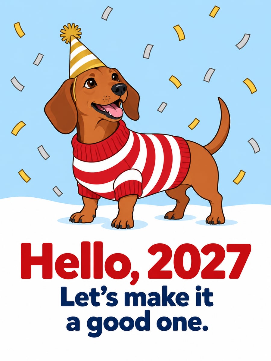 New Year greeting image: dachshund, sweater, party hat. It says “Hello, 2027” and “Let’s make it a good one.”