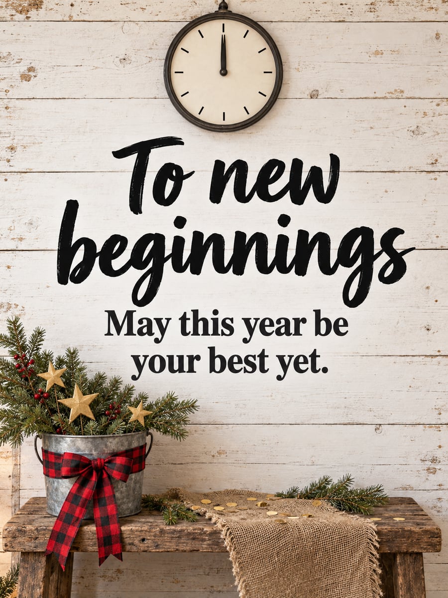 New Year greeting image: clock, midnight, farmhouse, stars. It says “To new beginnings” and “May this year be your best yet.”