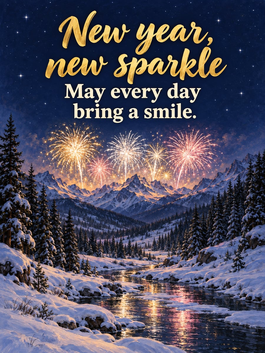 New Year greeting image: fireworks, snow, mountains, pine forest. It says “New year, new sparkle” and “May every day bring a smile.”
