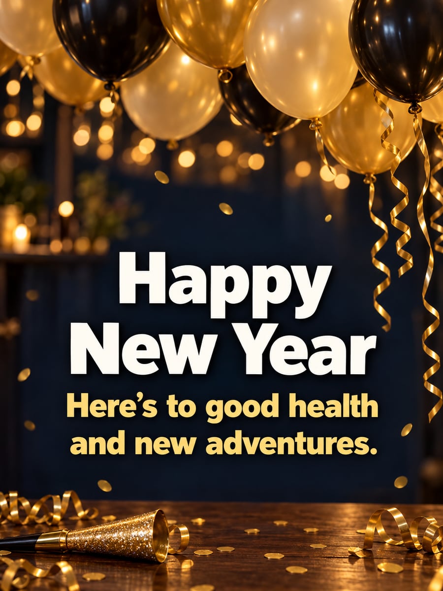 New Year greeting image: balloons, confetti, streamers, party horn. It says “Happy New Year” and “Here’s to good health and new adventures.”