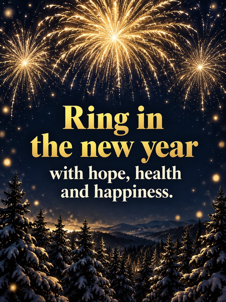 New Year greeting image: fireworks, pine ridge, snow, gold. It says “Ring in the new year” and “with hope, health and happiness.”