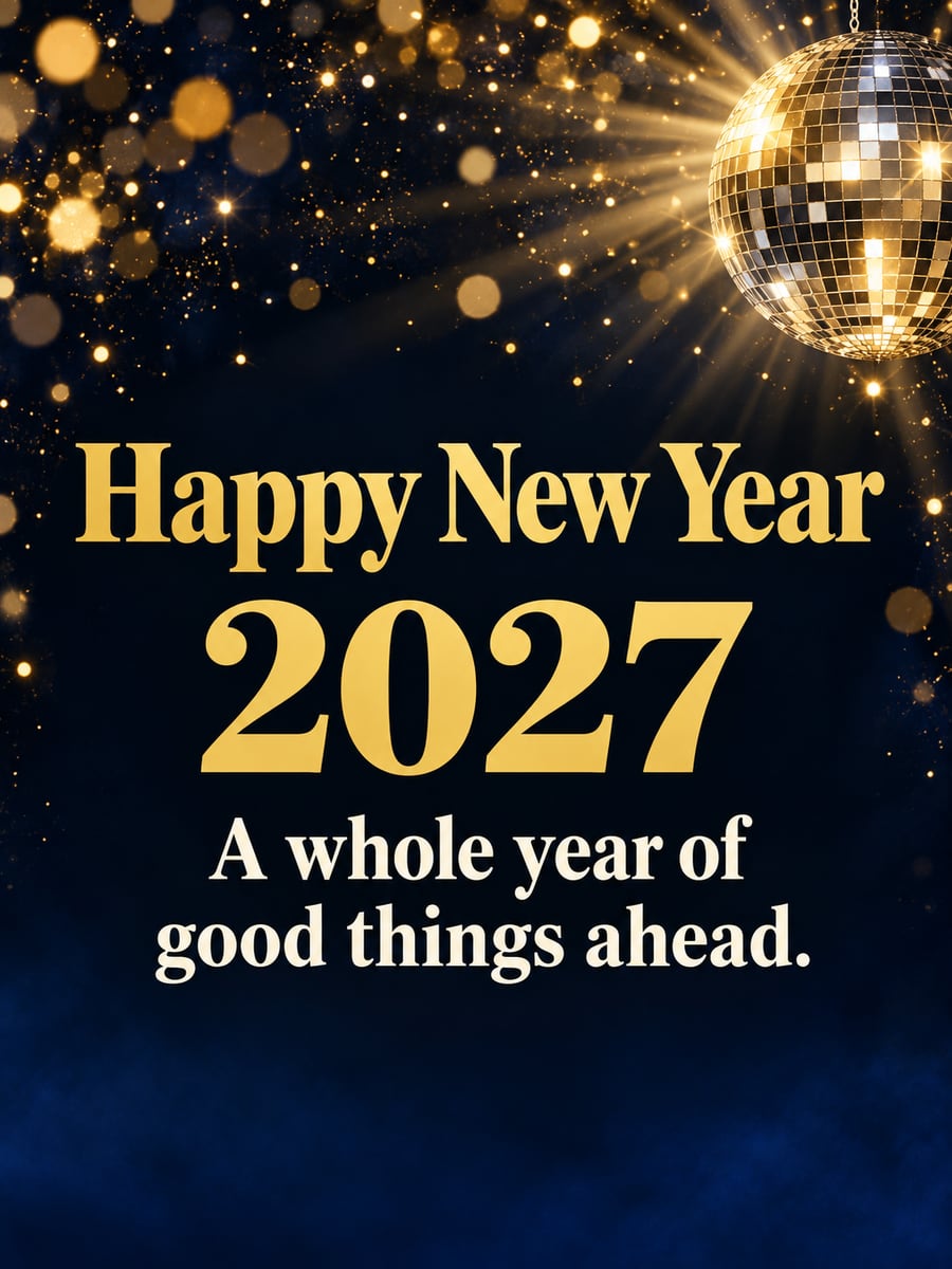 New Year greeting image: disco ball, glitter. It says “Happy New Year 2027” and “A whole year of good things ahead.”