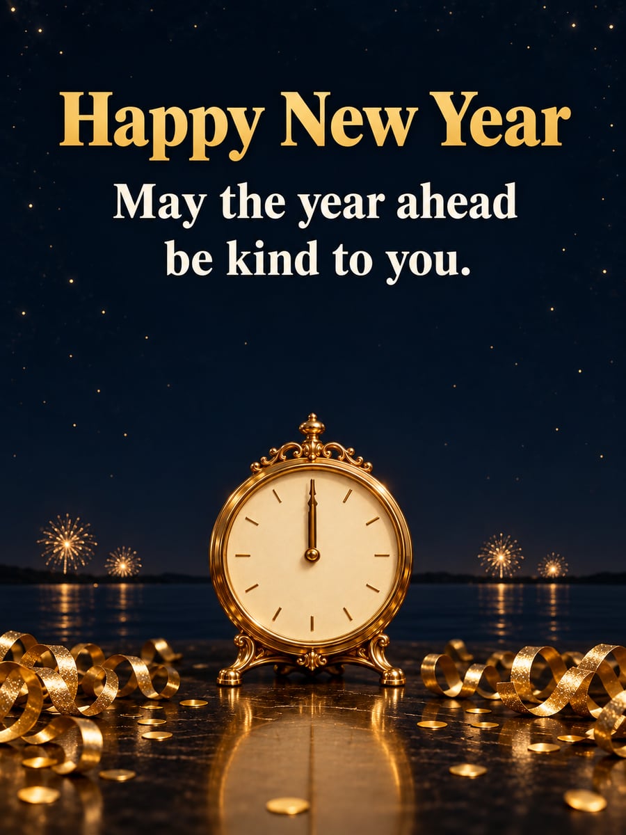 New Year greeting image: clock, midnight, streamers, confetti, fireworks. It says “Happy New Year” and “May the year ahead be kind to you.”