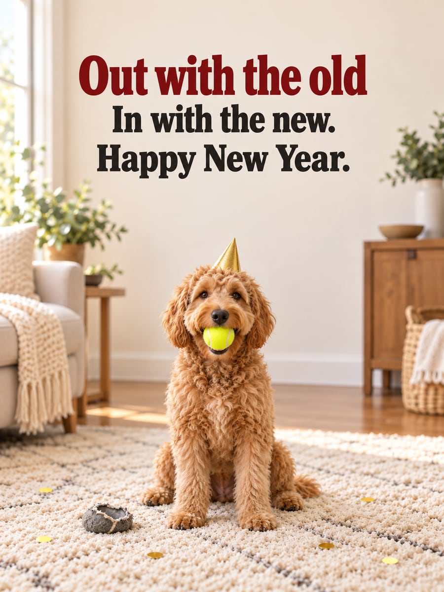 New Year greeting image: dog, goldendoodle, tennis ball, party hat. It says “Out with the old” and “In with the new. Happy New Year.”