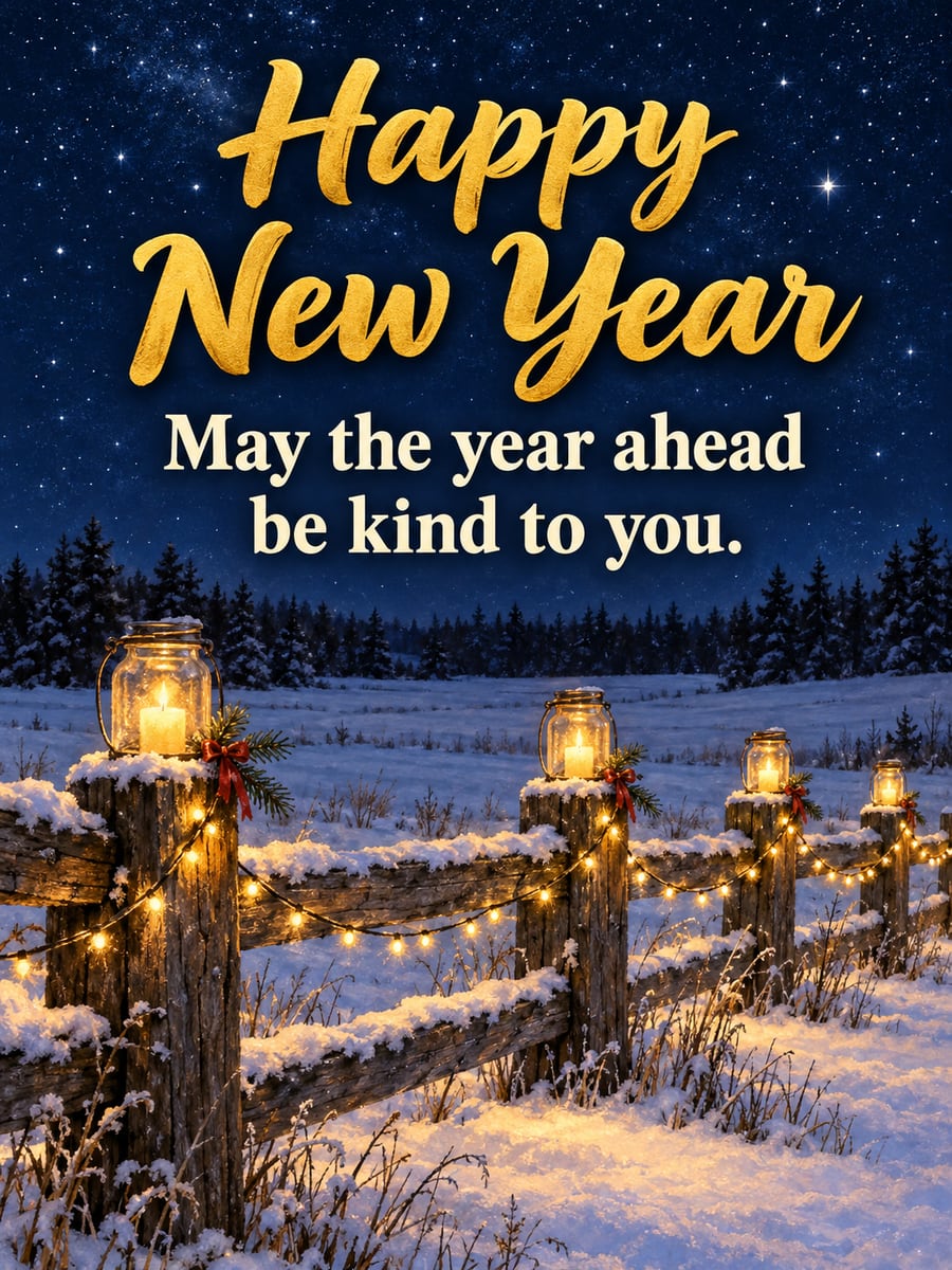 New Year greeting image: lanterns, candles, string lights, snow. It says “Happy New Year” and “May the year ahead be kind to you.”