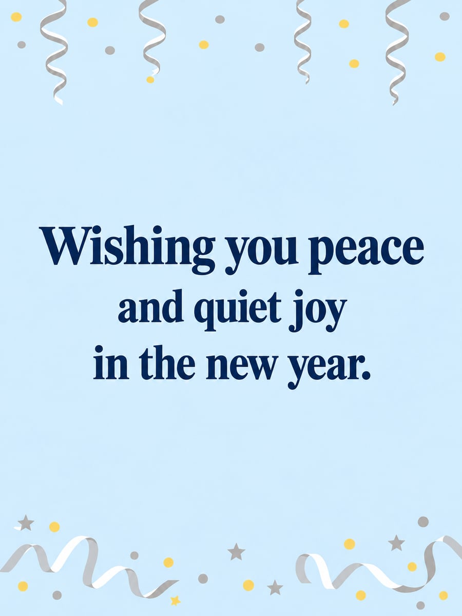 New Year greeting image: streamers, confetti, stars. It says “Wishing you peace” and “and quiet joy in the new year.”