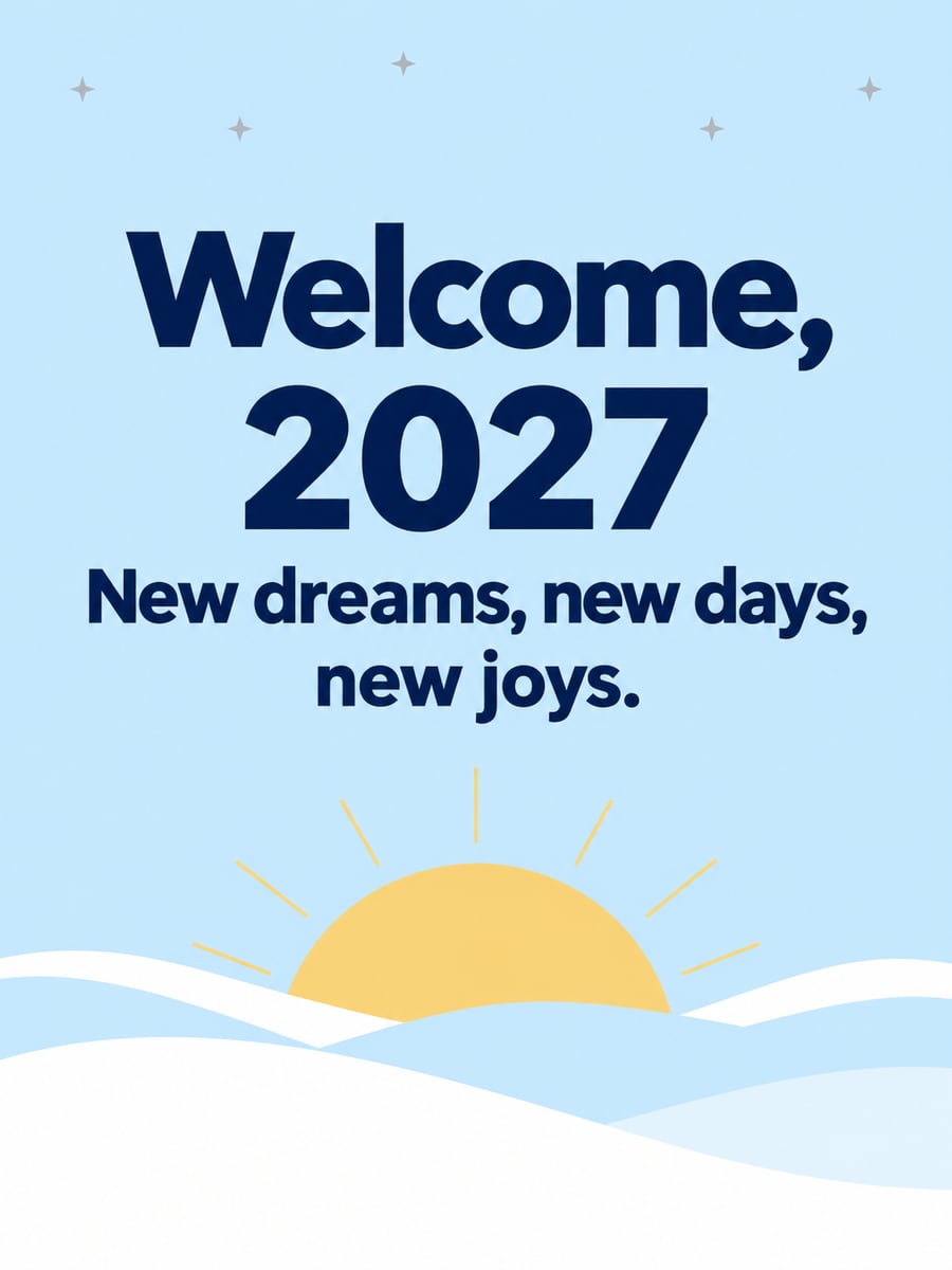 New Year greeting image: sunrise, snowy hills. It says “Welcome, 2027” and “New dreams, new days, new joys.”