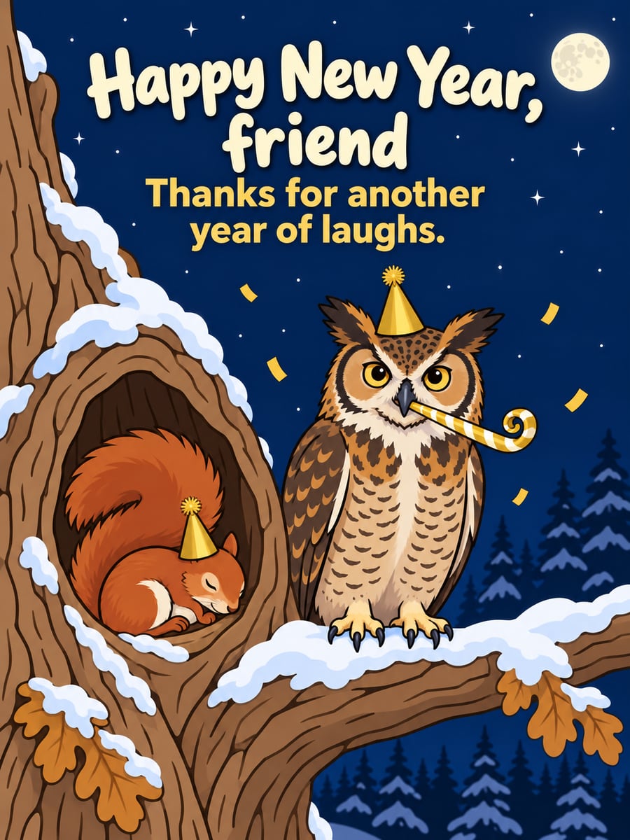 New Year greeting image: owl, squirrel, party hats, midnight. It says “Happy New Year, friend” and “Thanks for another year of laughs.”