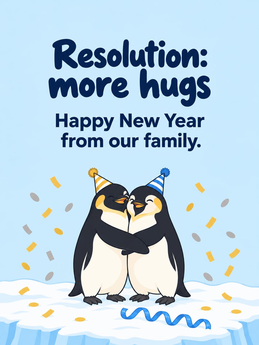 New Year greeting image: penguins, party hats, confetti, hug. It says “Resolution: more hugs” and “Happy New Year from our family.”