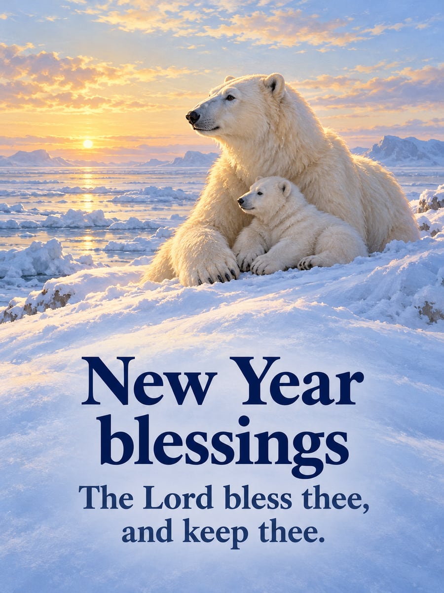 New Year greeting image: polar bears, mother and cub, dawn, snow. It says “New Year blessings” and “The Lord bless thee, and keep thee.”