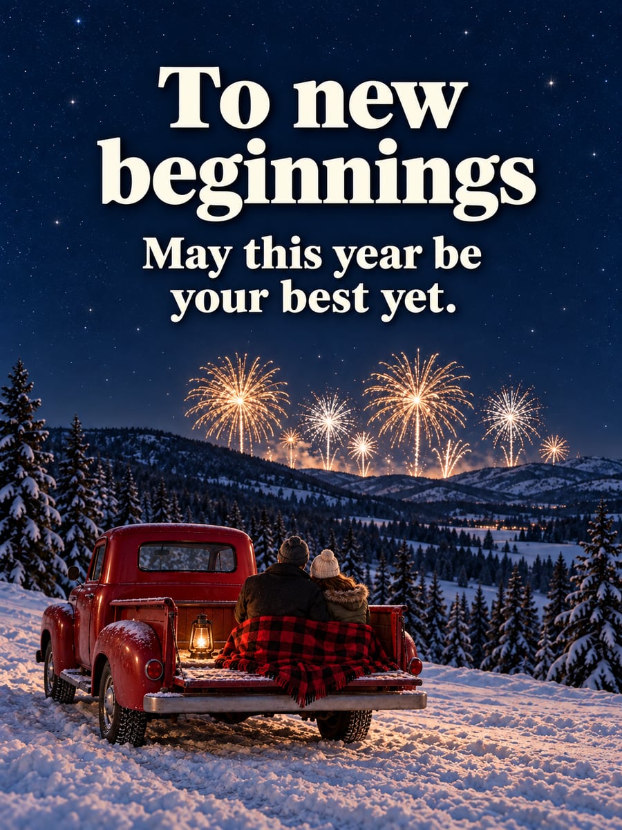 New Year greeting image: red truck, fireworks, snow, couple. It says “To new beginnings” and “May this year be your best yet.”