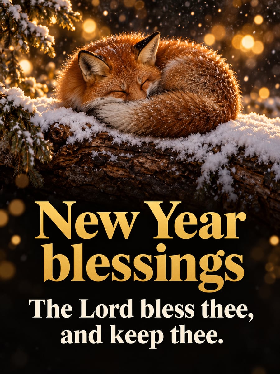 New Year greeting image: fox, snow. It says “New Year blessings” and “The Lord bless thee, and keep thee.”